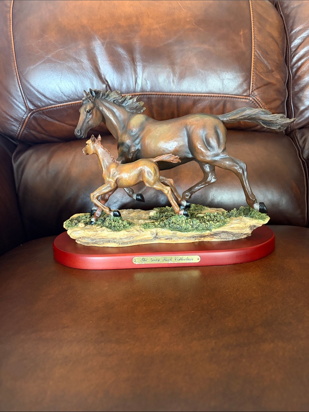 The Gray Rock Collection Mare and Foal Sculpture on Wooden Base